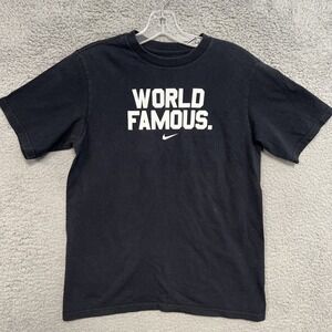 VTG Nike T Shirt Youth Size L Black Center Swoosh World Famous 2-Side Tee *Rare*